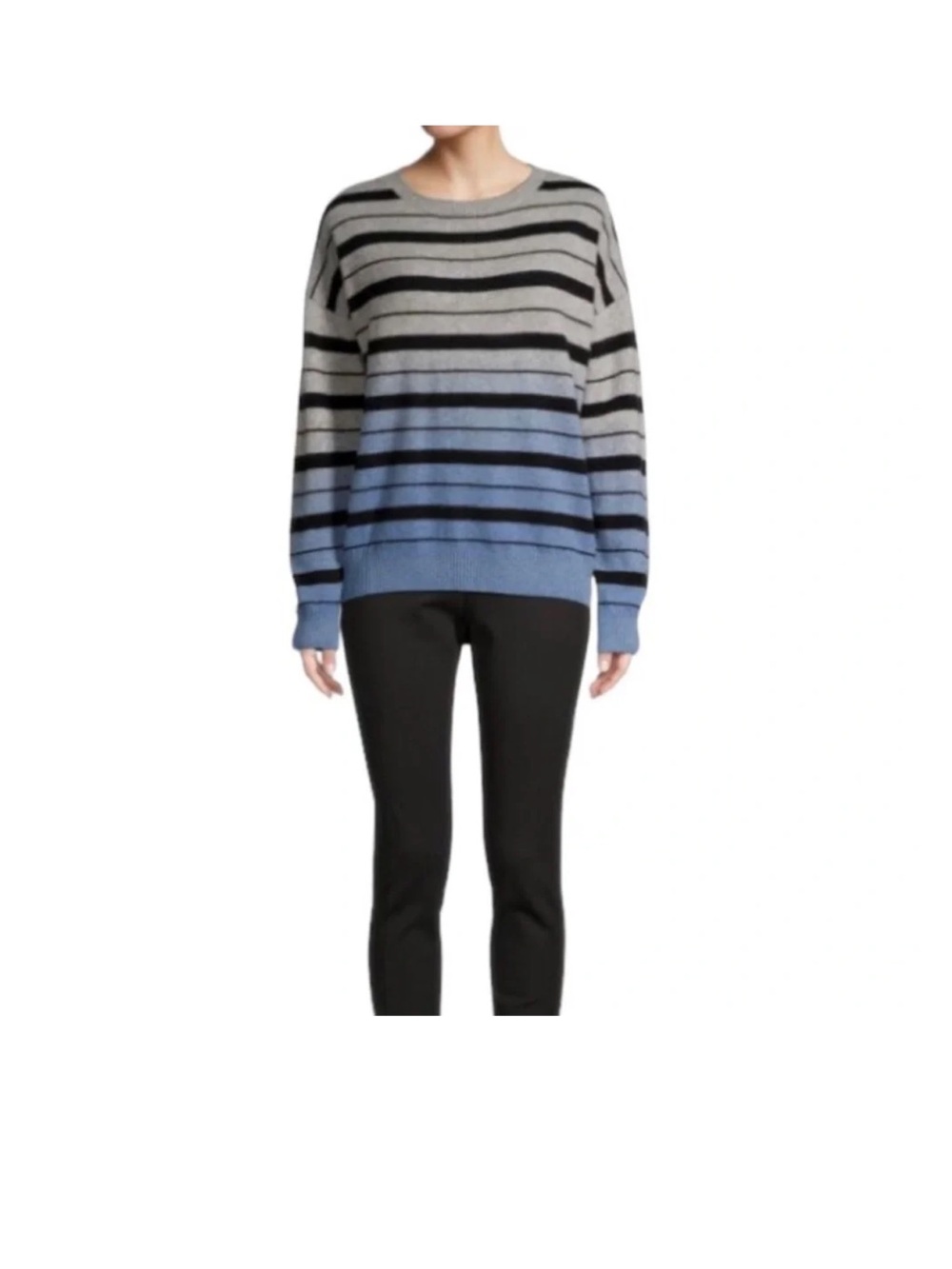 Elie Tahari Cashmere Blue and Gray Striped Crewneck Sweater